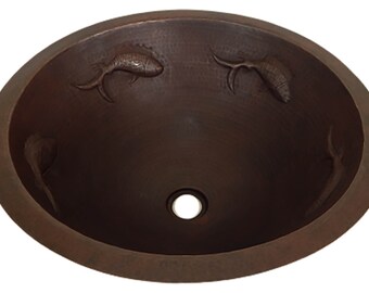 Round Hammered Copper Bathroom Sink 17" Bath Sink Pure Copper Hand Hammered Dark Fish CPS-037