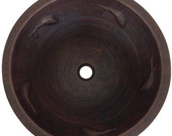 Round Hammered Copper Bathroom Sink 17" Bath Sink Pure Copper Hand Hammered Dark Fish CPS-050