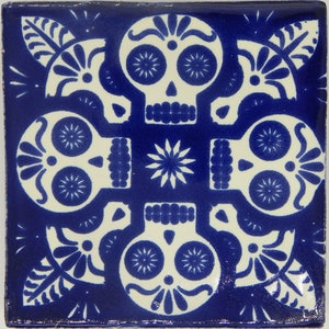 40 Hand Painted Day of the Dead Mexican Talavera Tiles 6X6" Tiles Folk Art Dia de los Muertos Blue Skull Calaveras C395