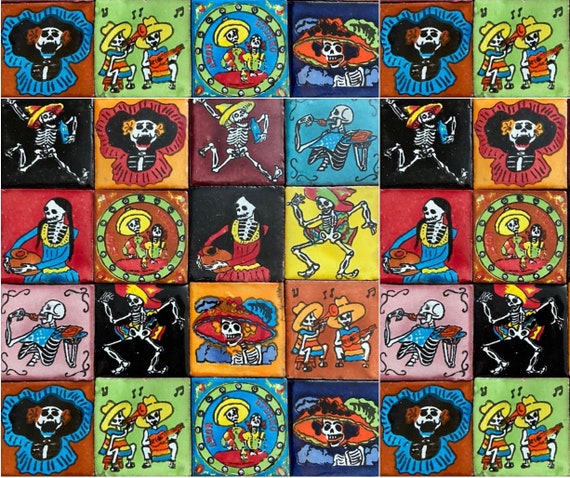 30 Hand Painted Day of the Dead Mexican Talavera Tiles 2