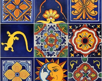 9 Handmade Mexican Talavera Tiles – 4x4” Ceramic Tiles – Vibrant & Hand-Painted # 414