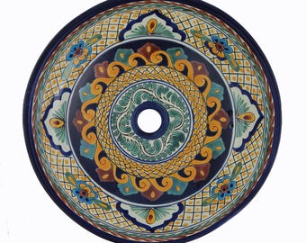Hand Painted Talavera Mexican Ceramic Vessel Sink – Round 16" Bathroom Wash Basin # 05