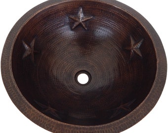 Round Hammered Copper Bathroom Sink 17" Bath Sink Pure Copper Hand Hammered Dark Stars CPS-022