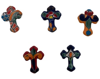 Set of 5 Hand-Painted Mexican Talavera Ceramic Cross Magnets – Colorful Artisan Decor # 110
