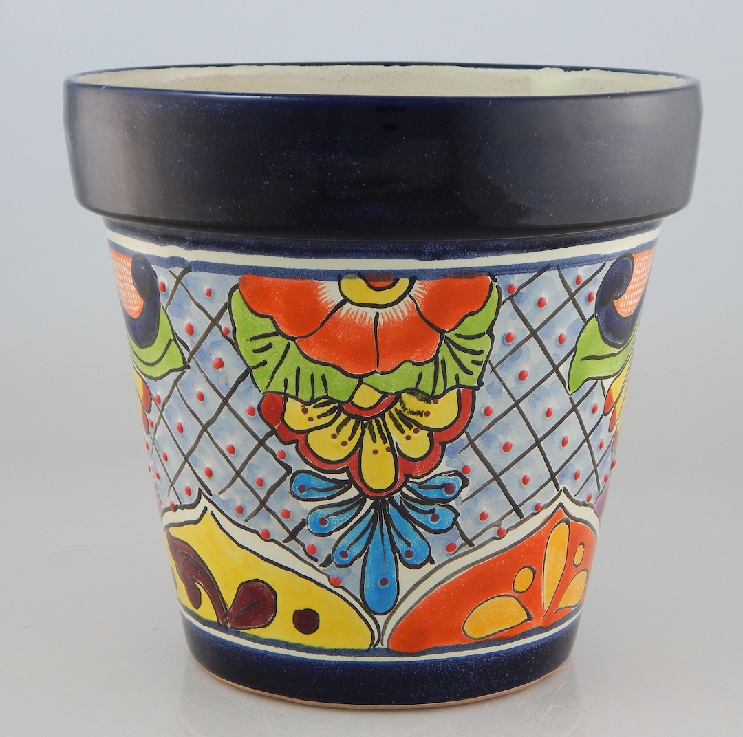 Mexican Ceramic Flower Pot Planter Folk Art Pottery Handmade Talavera