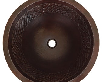 Round Hammered Copper Bathroom Sink 17" Bath Sink Pure Copper Hand Hammered Dark Brick Design CPS-039