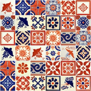 50 Pieces Mexican Talavera Tiles Handmade Terracotta & Blue Mixed Designs Mexican Ceramic 4x4 inch