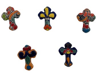 Set of 5 Hand-Painted Mexican Talavera Ceramic Cross Magnets – Colorful Artisan Decor # 113