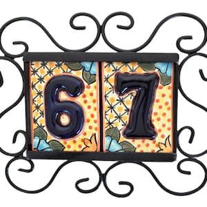 Two Mexican Talavera House Number Tile Address Ceramic Wedding Table High Relief Orange flower & Iron Frame HR4