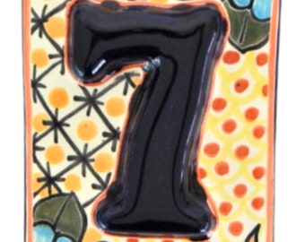 Mexican Tile House Numbers Address Numbers Ceramic House Number Talavera Number Wedding Table Numbers High Relief Flower Orange HR4 # 7