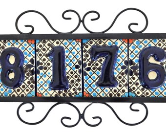 FOUR HOUSE NUMBER Tiles Mexican Talavera & Iron Frame High Relief House Number Turquoise Flower HR2