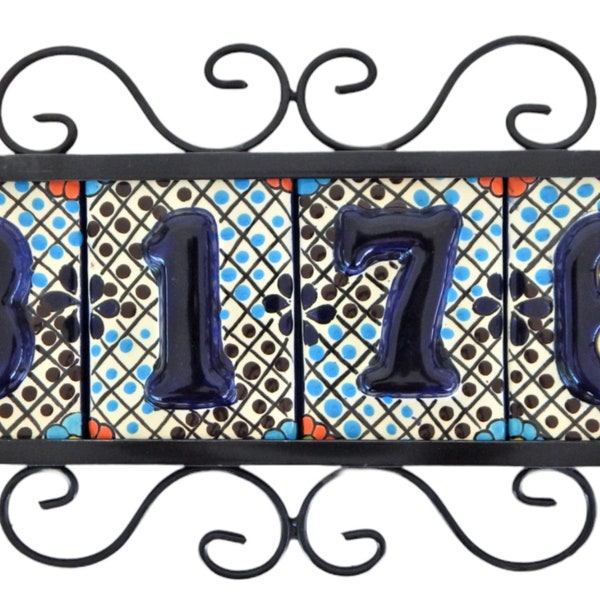 FOUR HOUSE NUMBER Tiles Mexican Talavera & Iron Frame High Relief House Number Turquoise Flower HR2