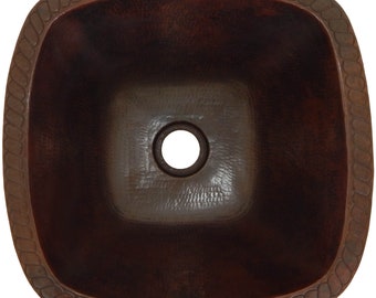 Square Hammered Copper Bathroom Sink 15" Bath Sink Pure Copper Hand Hammered Dark CPS-027