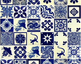 100 Pieces Mexican Talavera Tiles Handmade Blue & White Mixed Designs Mexican Ceramic 4x4 inch