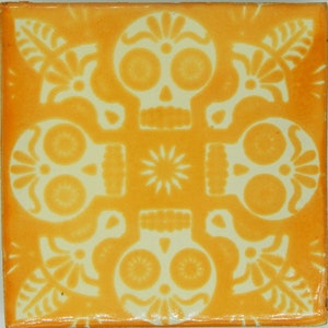 40 Hand Painted Day of the Dead Mexican Talavera Tiles 6X6" Tiles Folk Art Dia de los Muertos Yellow Skull Calaveras C396