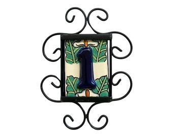 ONE HOUSE NUMBER Tiles Mexican Talavera & Iron Frame High Relief House Number Sign Calla Lily HR6