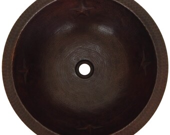 Round Hammered Copper Bathroom Sink 17" Bath Sink Pure Copper Hand Hammered Dark Stars CPS-034
