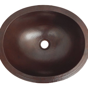 Mexican Copper Bathroom Sink Hand Hammered Oval Drop in Dark Patina #01 16x13 Inches