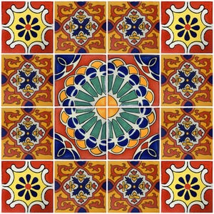 16 Handmade Mexican Talavera Tiles – 4x4” Ceramic Tiles – Vibrant & Hand-Painted # 485