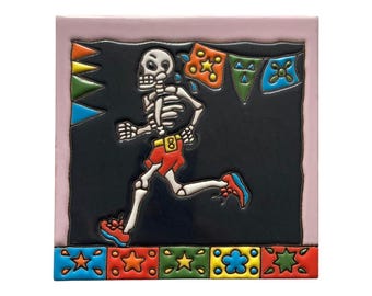 Handcrafted Day of the Dead Skeleton Tile Skull Running Talavera Mexican Decorative Tile Hand Painted 6x6 High Relief Ceramic Tile  #3023-1