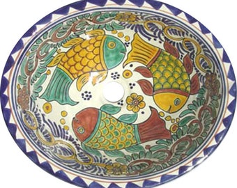 17” X 14” Talavera Mexican Sink Hand Painted Drop-In Folk Art Bathroom Ceramic Sink Handmade #065