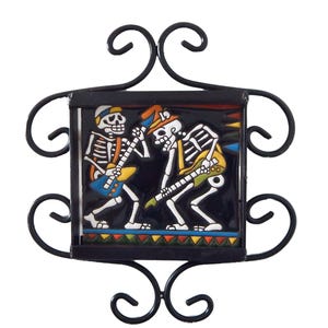 Day of the Dead Skeleton 6x6 Mexican Tile with Metal Frame Skull Playing Guitar #3004