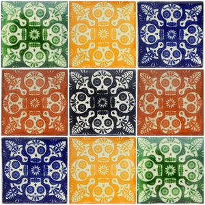 9 Hand Painted Day of the Dead Mexican Talavera Tiles 4x4" Tiles Folk Art Dia de los Muertos Mixed Colors Skull Calaveras