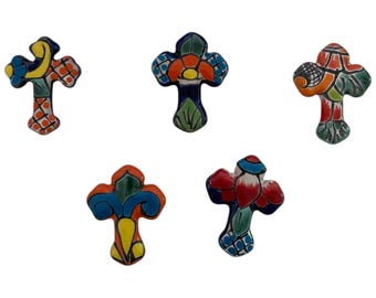 Set of 5 Hand-Painted Mexican Talavera Ceramic Cross Magnets – Colorful Artisan Decor # 108