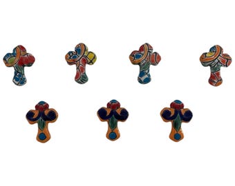 Set of 7 Hand-Painted Mexican Talavera Ceramic Cross Magnets – Colorful Artisan Decor # 115