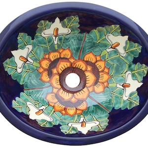 16” X 11.5” Talavera Mexican Sink Hand Painted Drop-In Folk Art Bathroom Ceramic Sink Handmade #008
