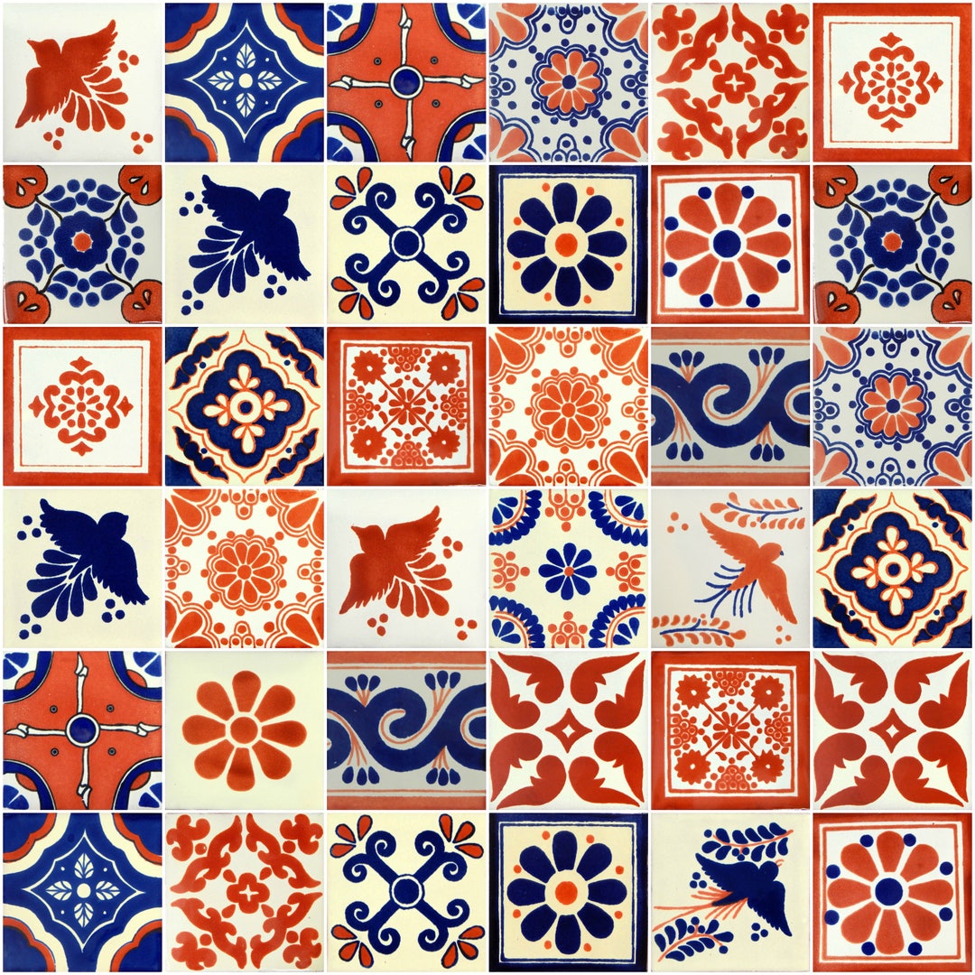 100 Pieces Mexican Talavera Tiles Handmade Terracotta  Blue Mixed Designs Mexican  Ceramic 4x4 inch