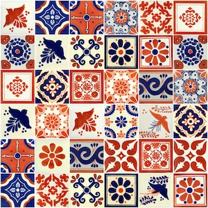 100 Pieces Mexican Talavera Tiles Handmade Terracotta & Blue Mixed Designs Mexican Ceramic 4x4 inch