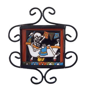 Day of the Dead Skeleton 6x6 Mexican Tile with Metal Frame Skull Bathing in Tub #3008