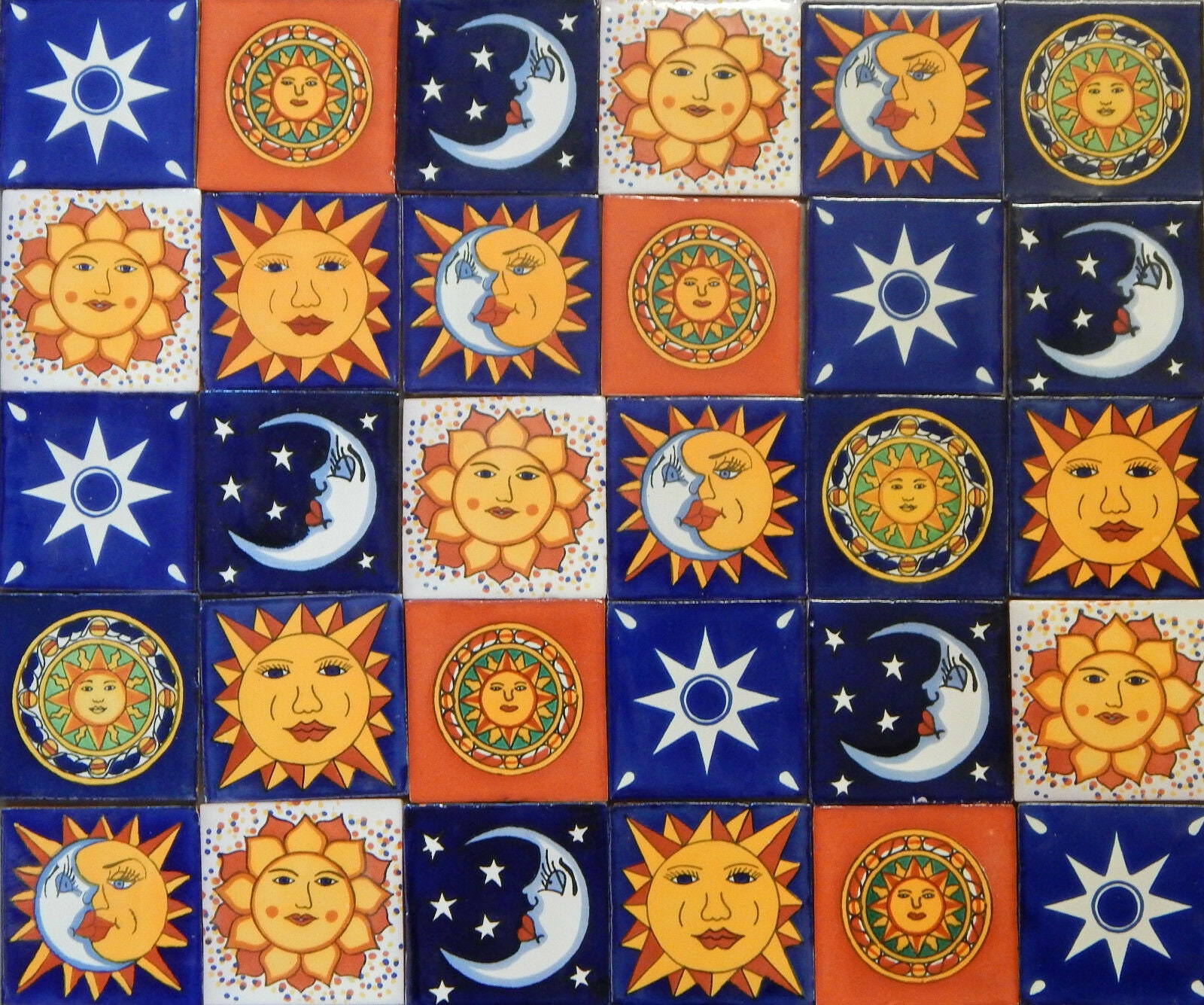 100 Pieces Mexican Talavera Tiles Handmade Sun, Moon, and Stars Decorative Tiles 4x4 Mexican Folk Art Style
