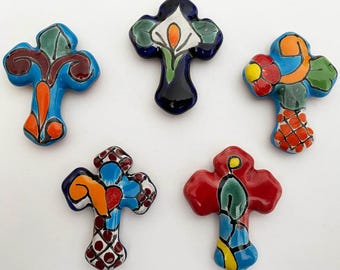 107 - Mexican Talavera Cross Hand Painted Ceramic Magnet Set 5 Pcs