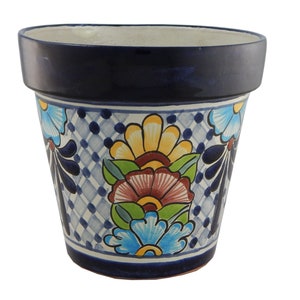 May include: A blue and white ceramic planter with a floral design. The planter has a blue rim and a white background with a blue and white checkered pattern. The flowers are yellow, pink, blue, and green.