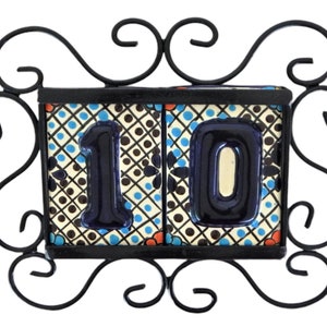 Two Mexican Talavera House Number Tile Address Ceramic Wedding Table High Relief Flower turquoise & Iron Frame HR2