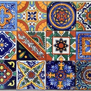 May include: A set of 10 colorful ceramic tiles with intricate geometric patterns in shades of blue, green, red, yellow, and orange. The tiles are perfect for adding a touch of Mexican style to any home decor project.