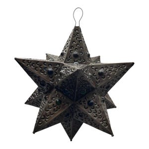 Handcrafted  Mexican Tin Star with Glass Marbles 13 Nickel Colored Moravian Lighted Folk Art Hand-Punched Metal Star