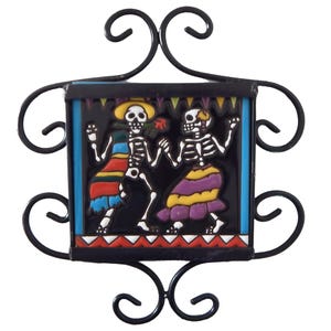 Day of the Dead Skeleton 6x6 Mexican Tile with Metal Frame Skull Couple Dancing #3017
