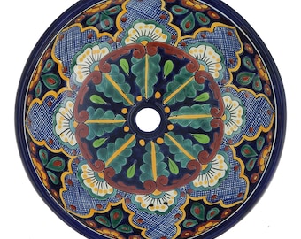 Hand Painted Talavera Mexican Ceramic Vessel Sink – Round 16" Bathroom Wash Basin # 02