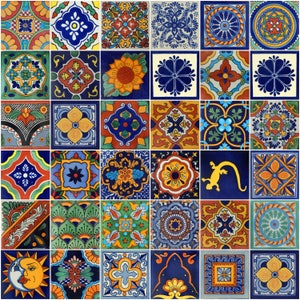 Box Of 100 Mexican Talavera Tiles Handmade Assorted Designs Mexican Ceramic 4x4 inch image 1