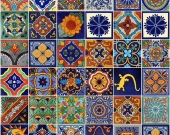 Box Of 100 Mexican Talavera Tiles Handmade Assorted Designs Mexican Ceramic 4x4 inch