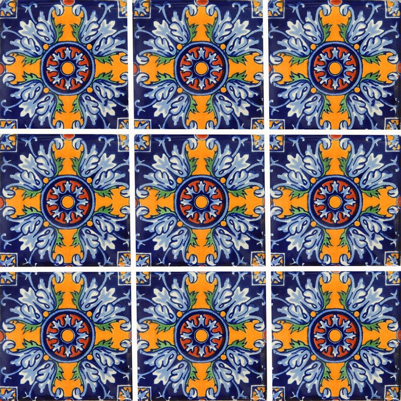 6x6 Inch Talavera Mexican Tile - Set Of 4 Comala Pattern Turquoise Flower Tiles (Handcrafted)