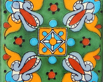 Talavera Mexican Hand Painted Tile Folk Art Sample Tile 4x4 C263