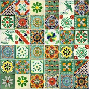 100 Pieces Mexican Talavera Tiles Handmade Green Mixed Designs Mexican Ceramic 4x4 inch