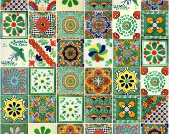 100 Pieces Mexican Talavera Tiles Handmade Green Mixed Designs Mexican Ceramic 4x4 inch