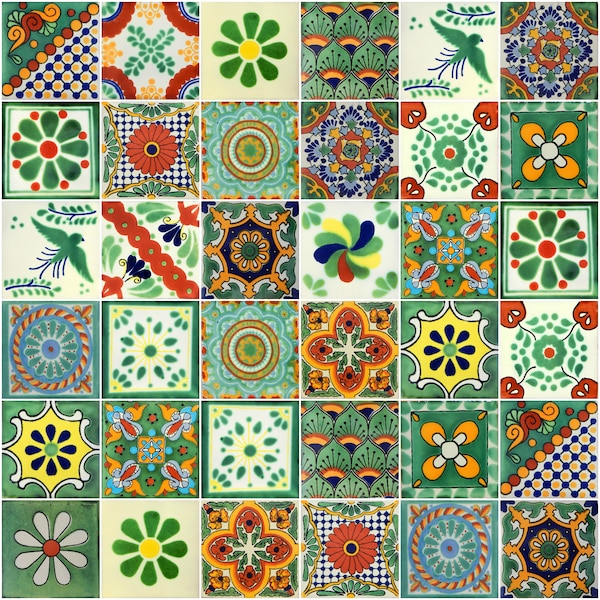 50 Pieces Mexican Talavera Tiles Handmade Green Mixed Designs Mexican Ceramic 4x4 inch