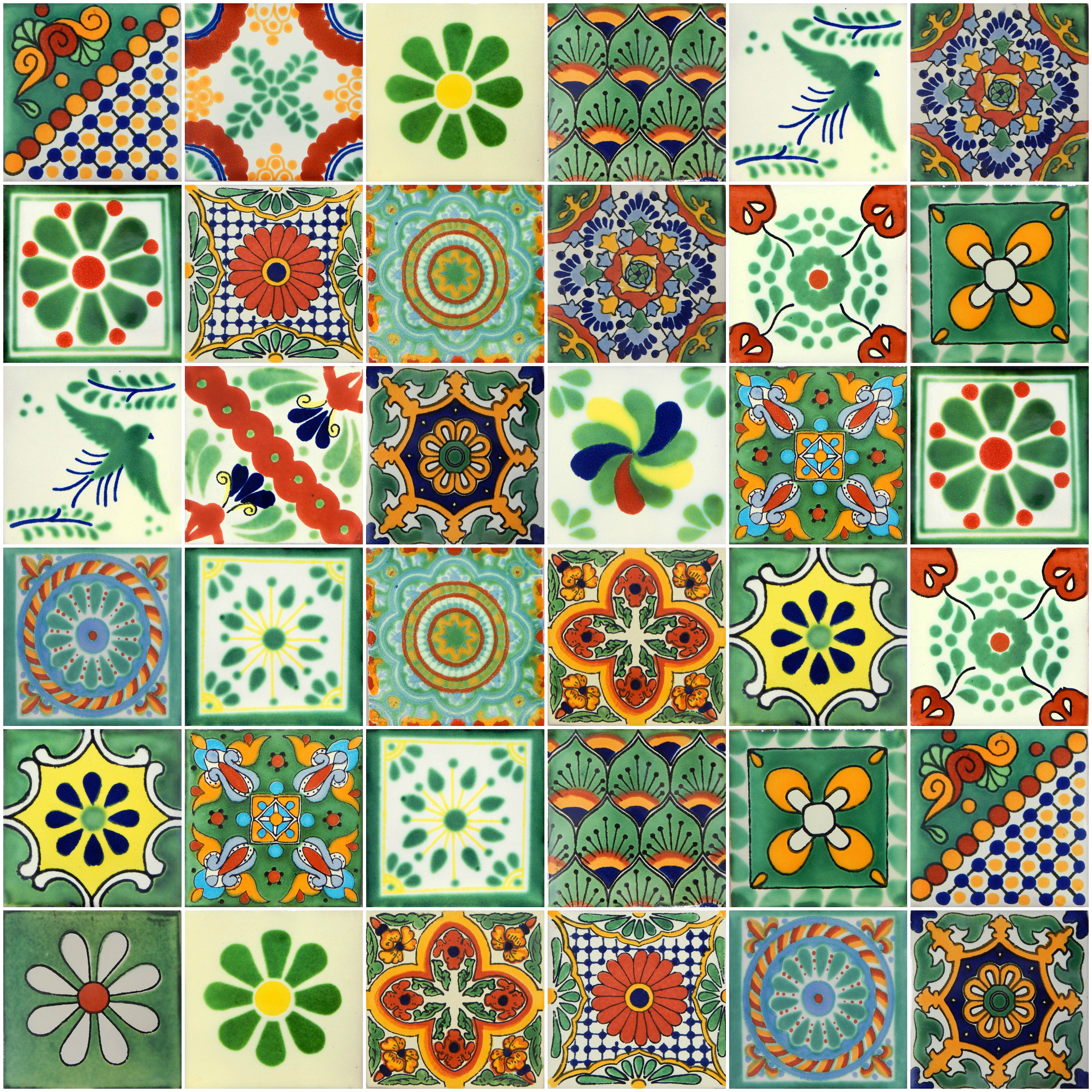 50 Pieces Mexican Talavera Tiles Handmade Green Mixed Designs Etsy