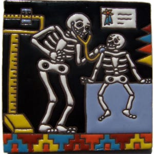 May include: A square ceramic tile featuring a medical theme with skeleton figures. One skeleton, holding a stethoscope, examines another. The background is black, with a yellow and blue scale on the left and a medical chart on the top right.